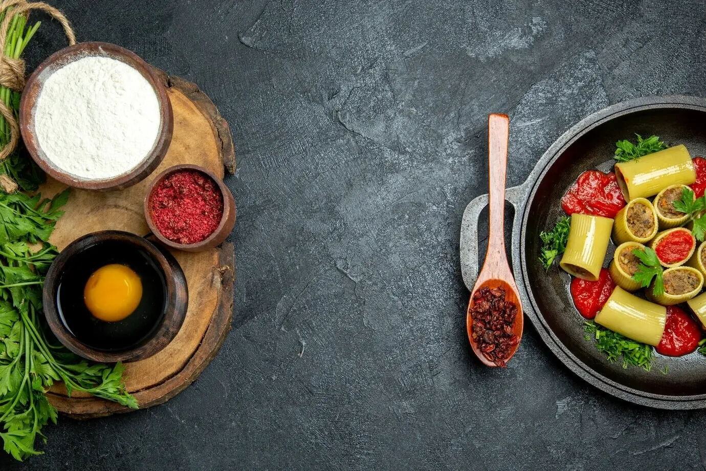 Overhead view of Italian pasta with meat on a grey background.